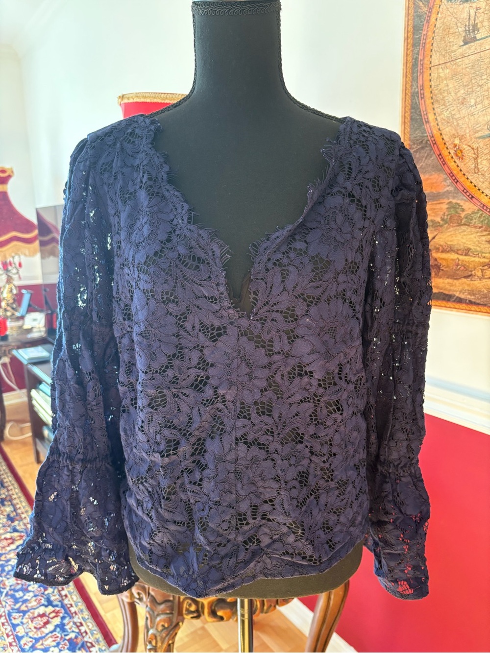 Club Monaco Navy Floral Lace V-Neck Blouse